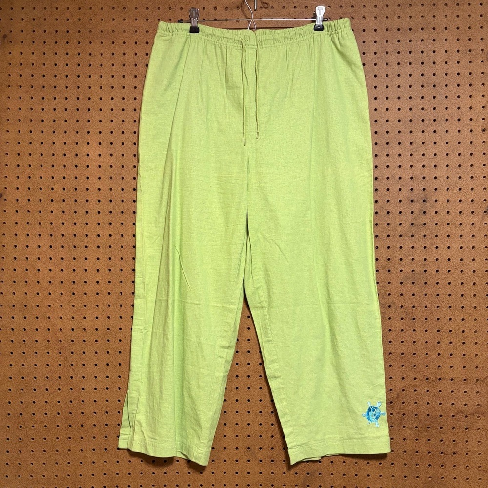 Bobbie Brooks Linen Blend Crop Pants 16W Green Turtle Embroidered Drawstring